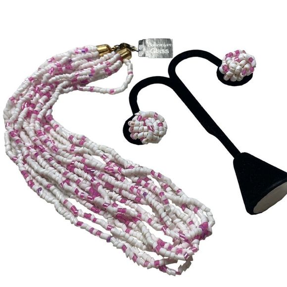 Vintage Pink and White Bohemian Glass MultiStrand Necklace Set NWT - Picture 12 of 15
